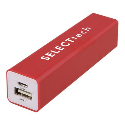 Plastic red charge-to-go power bank with logoed imprint.
