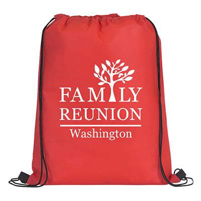 Polypropylene red drawstring bag with custom imprinted design.