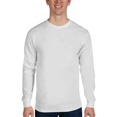 Blank white cotton-poly long sleeve t-shirt.