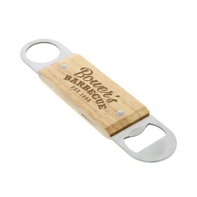 Wooden paddle bottle opener with personalized laser engraved promotional logo.