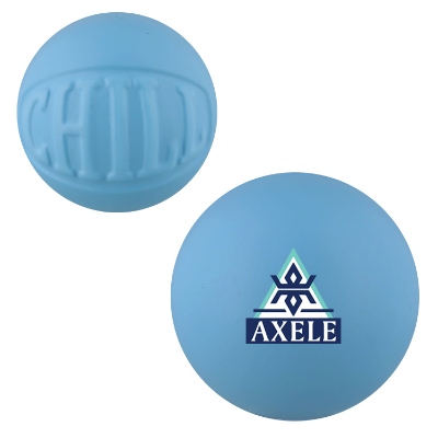 Blue foam stress ball with a custom logo.
