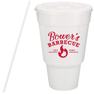 Styrofoam white traveler foam cup with lid and straw and custom imprint in 32 ounces.