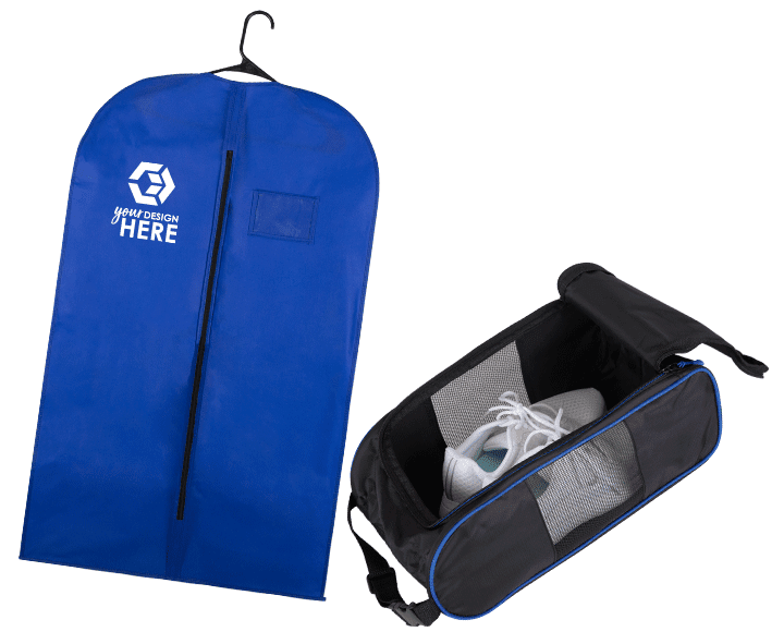 Blue promotional garment bags with white imprint and black shoe bag