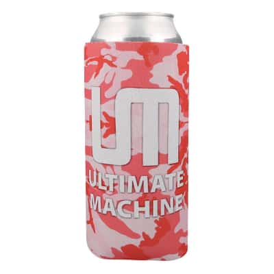 Foam coral camo tall boy can cooler with custom promotional imprint.