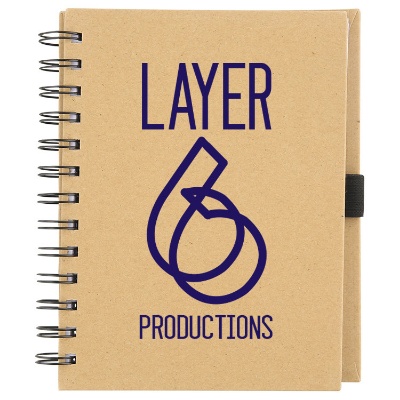 Custom logo on recycled card board and paper notebook with elastic pen holder.