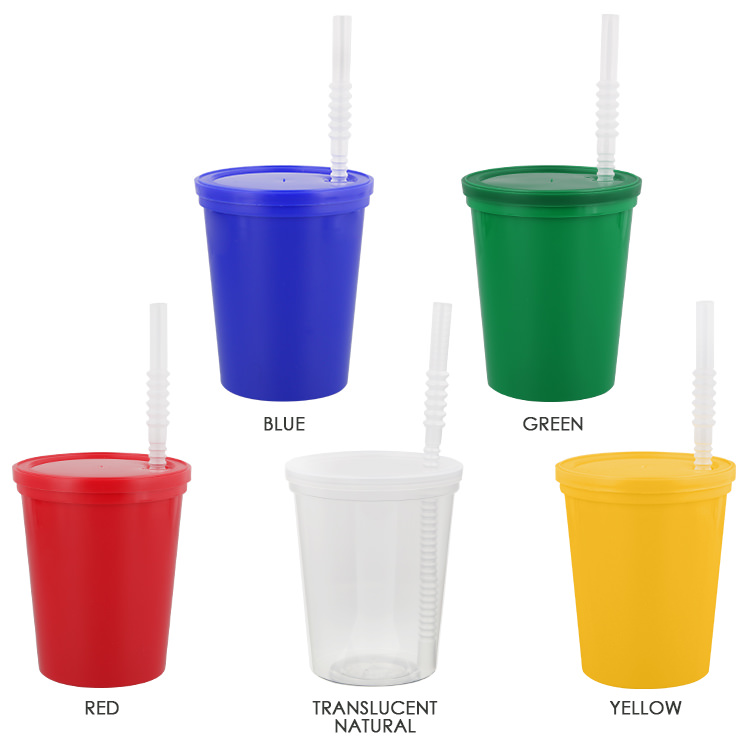 Plastic stadium cup with lid and straw in 16 ounces.