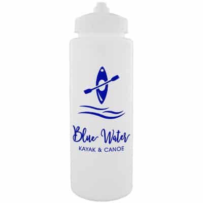 Plastic white water bottle with custom imprint and valve lid in 32 ounces.