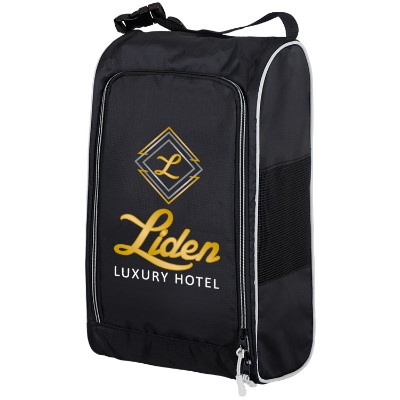 Polyester black and white reveal shoe bag with custom full color logo.