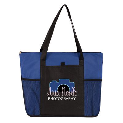 Non-woven polypropylene black tote with custom full color imprint.