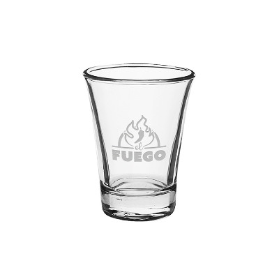 Clear shot glass with engraved logo.