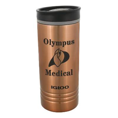 Gold tumbler with black lid and custom imprint.