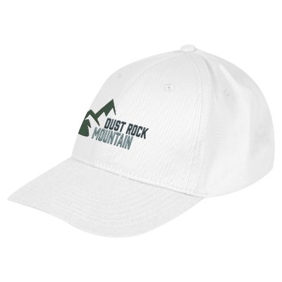 Embroidered design on white ball cap.