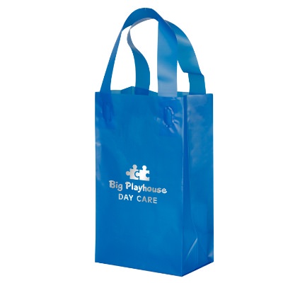 Plastic tangerine colored frosted shopper bag with custom imprint.