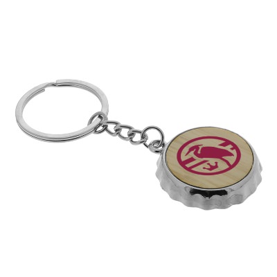 Silver metal and bamboo bottle cap opener key tag with promotional logo.