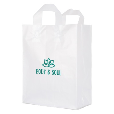 Plastic frosted clear with handles recyclable shopper bag custom printed.