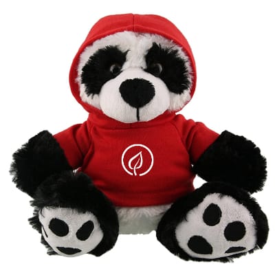 Plush and cotton panda  with red hoodie with custom imprint.