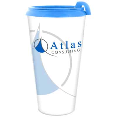 Plastic neon blue tumbler with full-color promotions in 16 ounces.