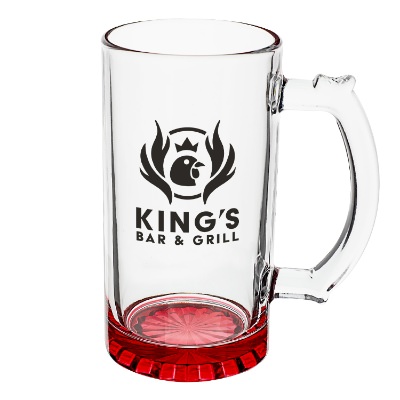Red beer stein with custom logo.