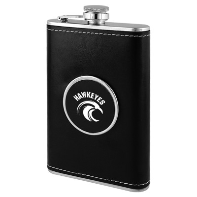 Black flask with custom logo in 8 ounces.