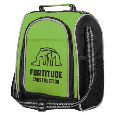 Polyester and nylon lime green lunch cooler with branded logo.