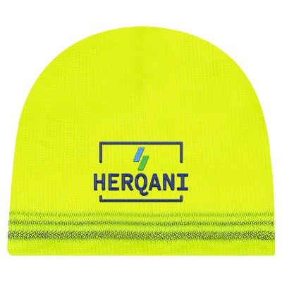 Safety yellow custom embroidered beanie.