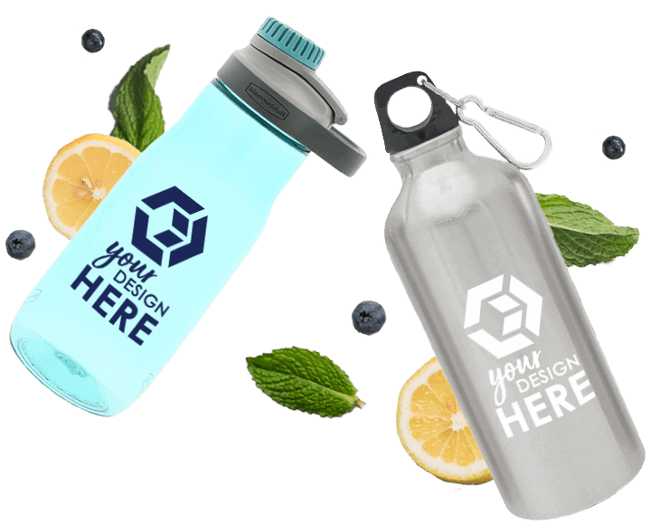 blue plastic custom water bottles with navy blue imprint and silver promotional water bottles with logo in white