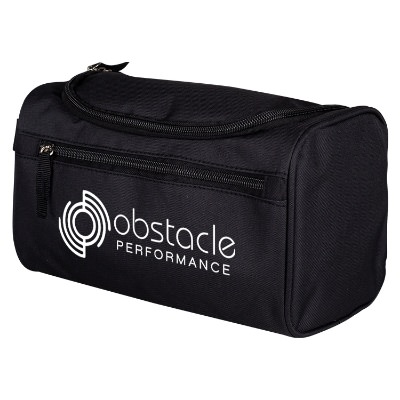 Polyester black travel toiletry bag with branded logo.