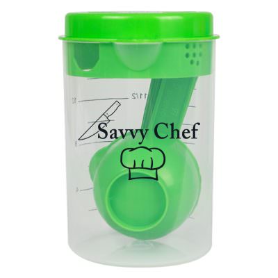 Plastic green 7 piece measuring set with logo.