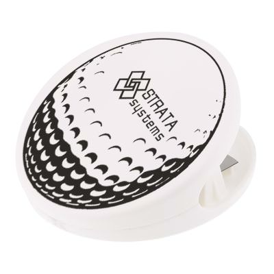 Plastic white golf ball chip clip with logo.
