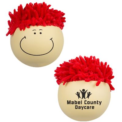 Foam red hair mop topper stress ball with imprinting.