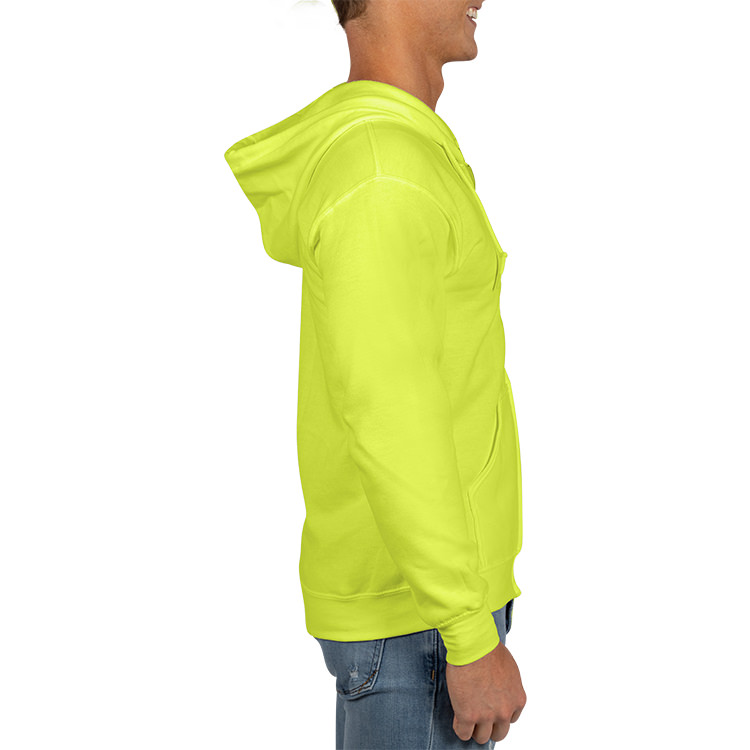 Safety color customized zip up hooded sweatshirt.