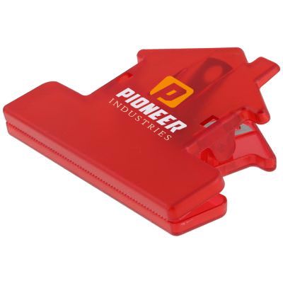 Plastic translucent red house chip clip with full color print.