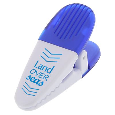 Plastic white with blue grip handy alligator chip clip custom branded.
