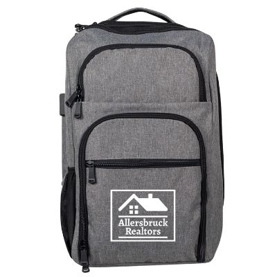 Gray backpack with custom logo.