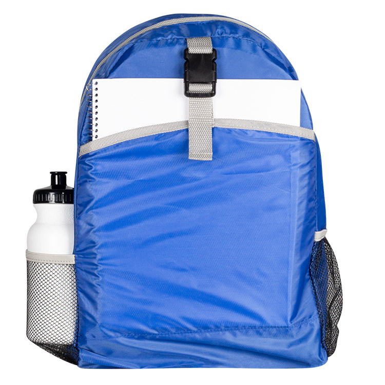 Polyester backpack with adjustable straps and three additional pockets.