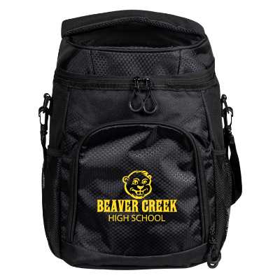 Black backpack cooler with custom logo.