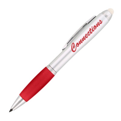 Silver pencil with red grip and custom logo.