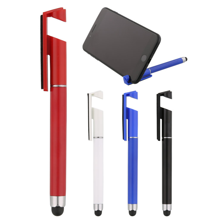 Plastic stylus pen with screen cleaner and stand.