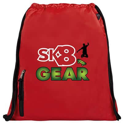 Nylon red mighty sports drawstring bag with branded full color logo.