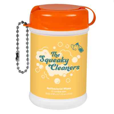 Plastic orange antibacterial wet wipes personalized with a full color imprint.