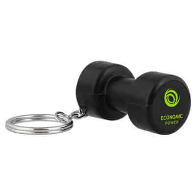Foam dumbbell stress reliever key ring with a logoed imprint.