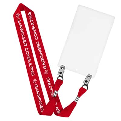1 inch red grosgrain polyester lanyard with custom imprint, double bulldog clips and event badge holder.