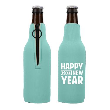 Customizable navy blue neoprene zippered bottle cooler.