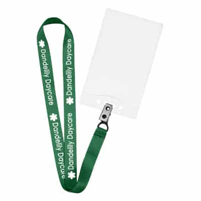 3/4 inch hunter green satin polyester custom lanyard with bulldog clip and event holder.