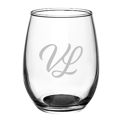 Black wine glass with engraved logo.