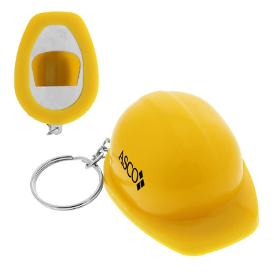 Yellow plastic hard hat shaped bottle opener with personalized promotional imprint on the side.