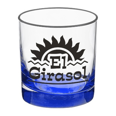 Blue whiskey glass with custom logo.