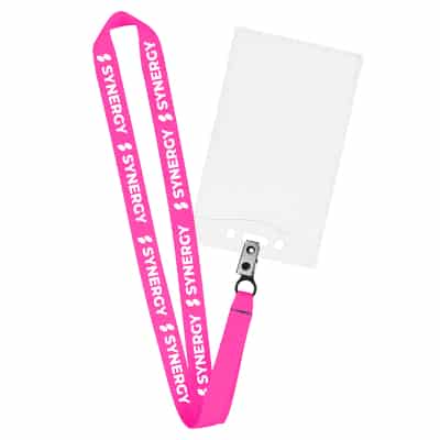 3/4 inch neon pink grosgrain polyester custom lanyard with fixed bulldog clip and event badge.