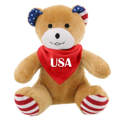 Plush and cotton patriotic bear with red bandana with custom imprint.