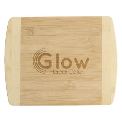 Natural 11-in. bisbane two-tone deluxe bamboo cutting board with laser engraved logo.